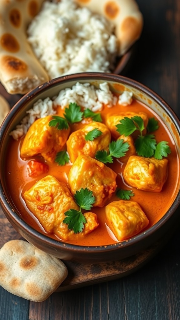 A bowl of spicy fish curry with coconut sauce and cilantro, served with rice and naan.